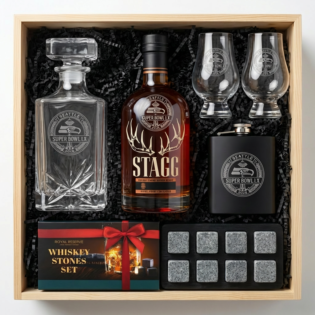 Super Bowl LX Seattle Seahawks Championship Bourbon Gift Crate featuring custom engraved Stagg Barrel Proof Bourbon, engraved decanter, two Glencairn glasses, granite whiskey stones with wooden tray, and engraved hip flask with Space Needle