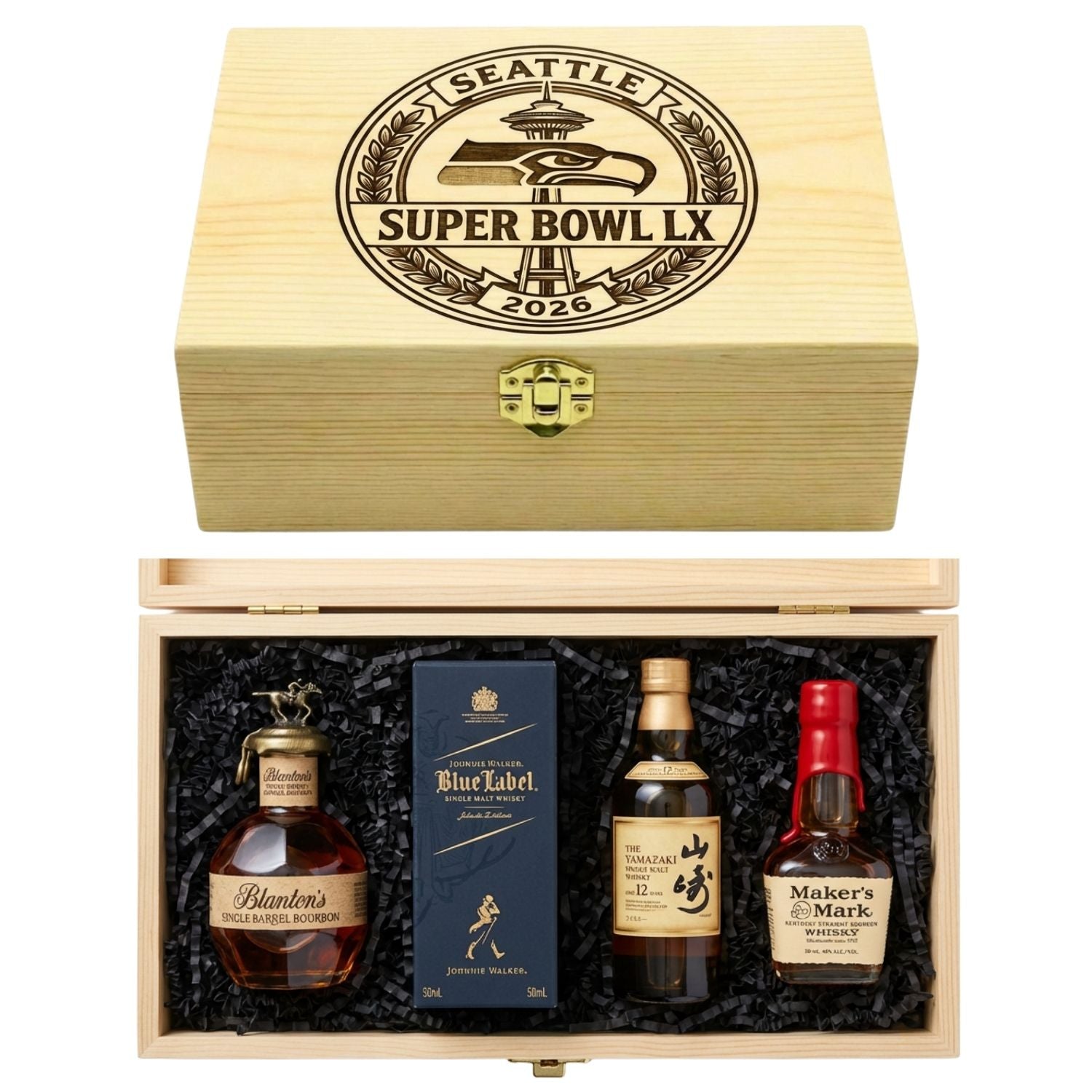 Super Bowl LX Seattle Seahawks Winner Whiskey Collection featuring four 50ml bottles of Blanton&