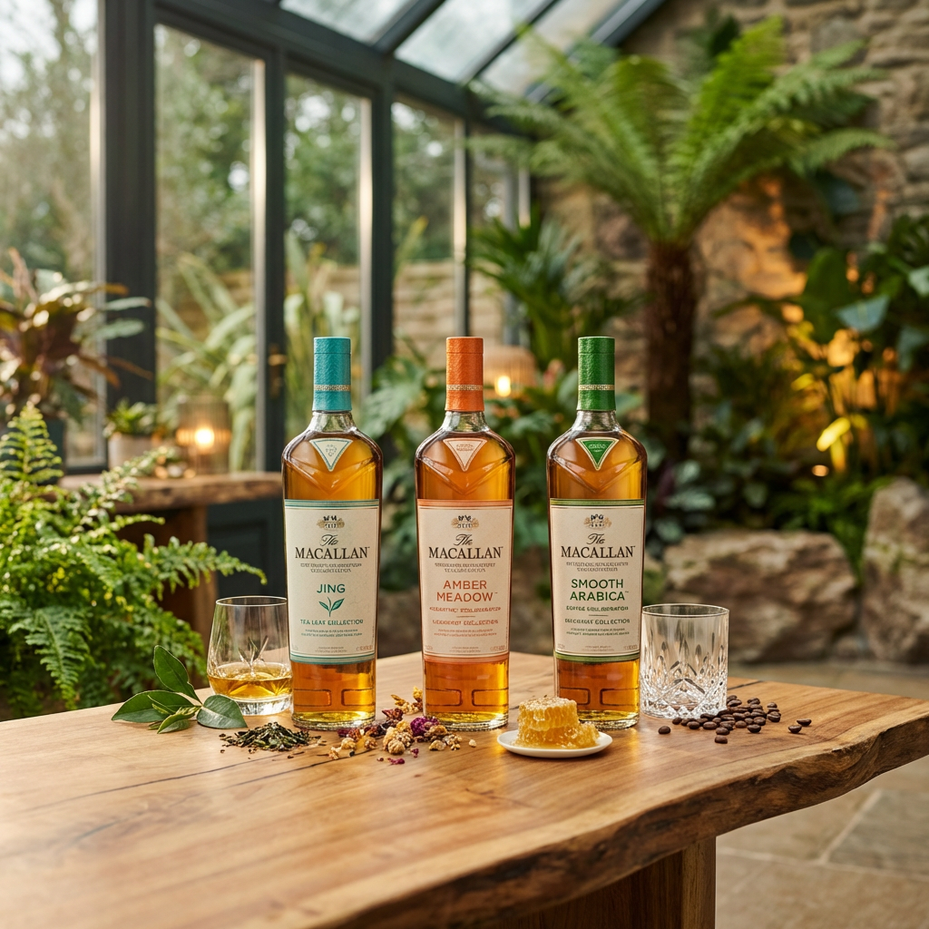 The Macallan Harmony Collection trio lifestyle scene featuring Jing (Phoenix Honey Orchid Tea) with teal cap, Amber Meadow with orange cap, and Smooth Arabica with green cap displayed together with crystal whisky glass and natural botanical elements on rich wood surface with warm ambient lighting.