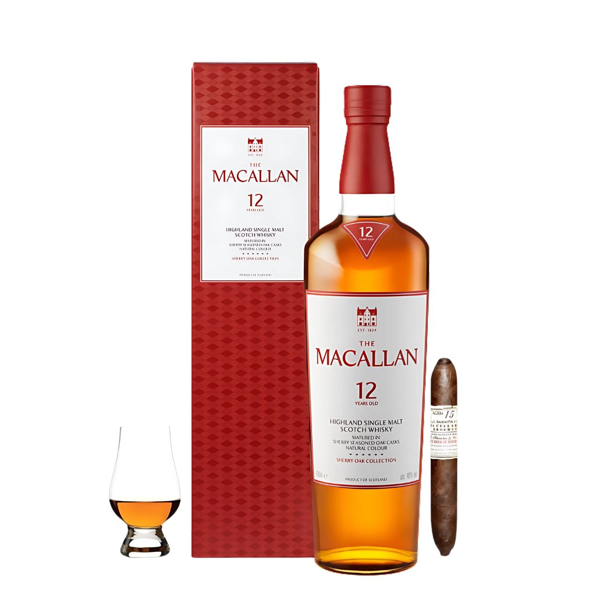 The Macallan 12 Year Sherry Oak Scotch Gift Set – Gurkha Cigar & Glencairn Glass