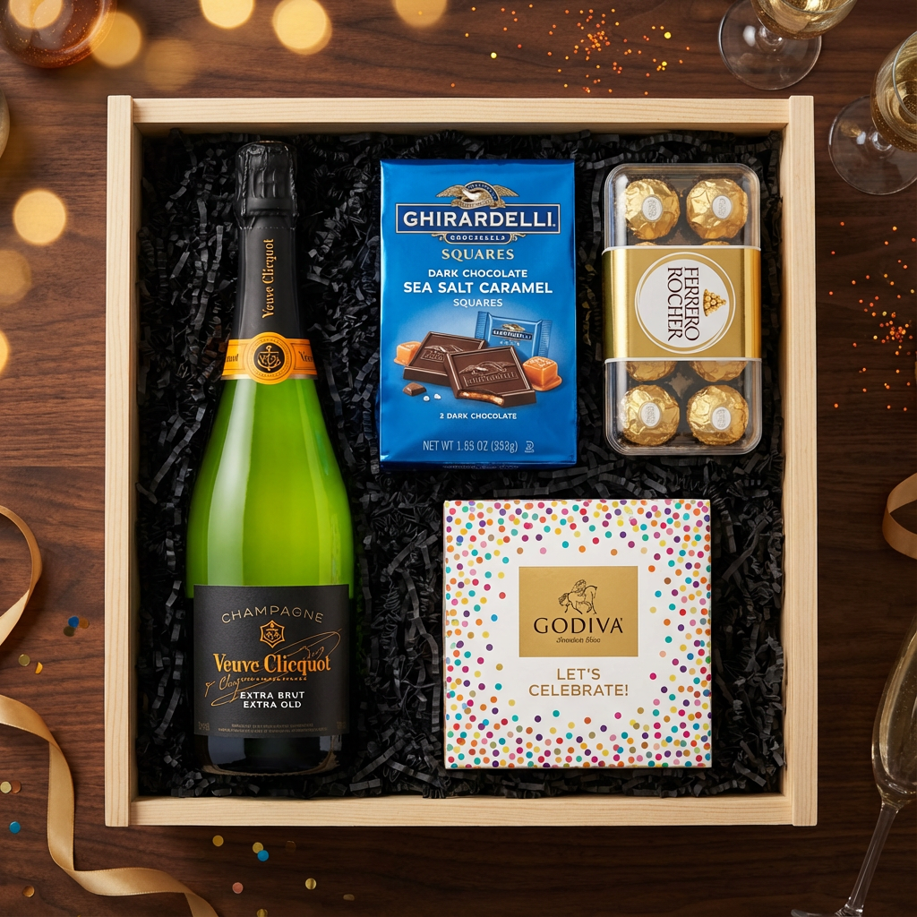 Veuve Clicquot Extra Brut Extra Old Champagne gift crate with black label and orange foil, Ghirardelli Dark Chocolate Sea Salt Caramel squares, Godiva Let's Celebrate chocolate box, and Ferrero Rocher chocolates on elegant dark wood surface with warm golden bokeh lights and celebratory decor