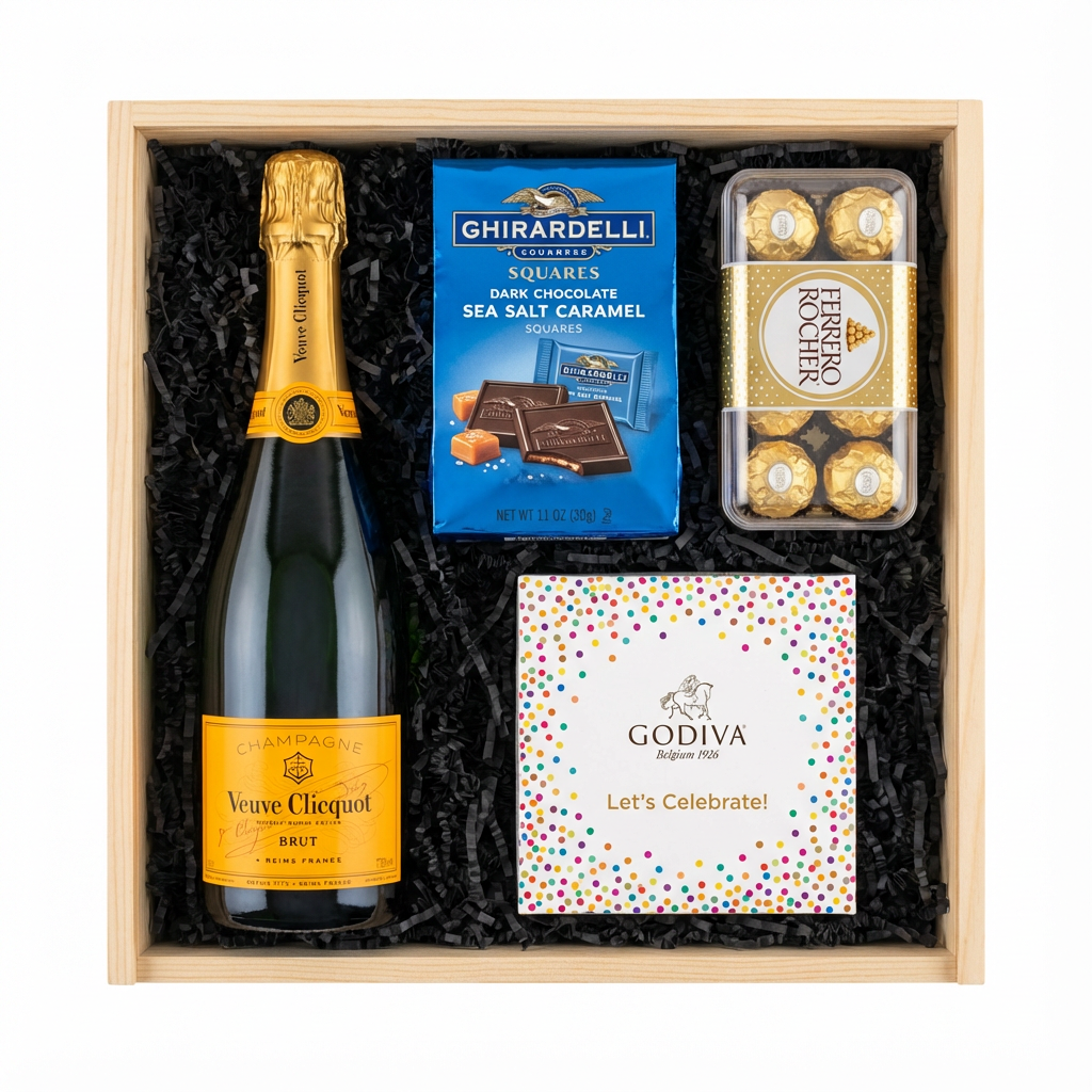 Veuve Clicquot Yellow Label Brut Champagne gift crate with Ghirardelli Dark Chocolate Sea Salt Caramel squares, Godiva Let&