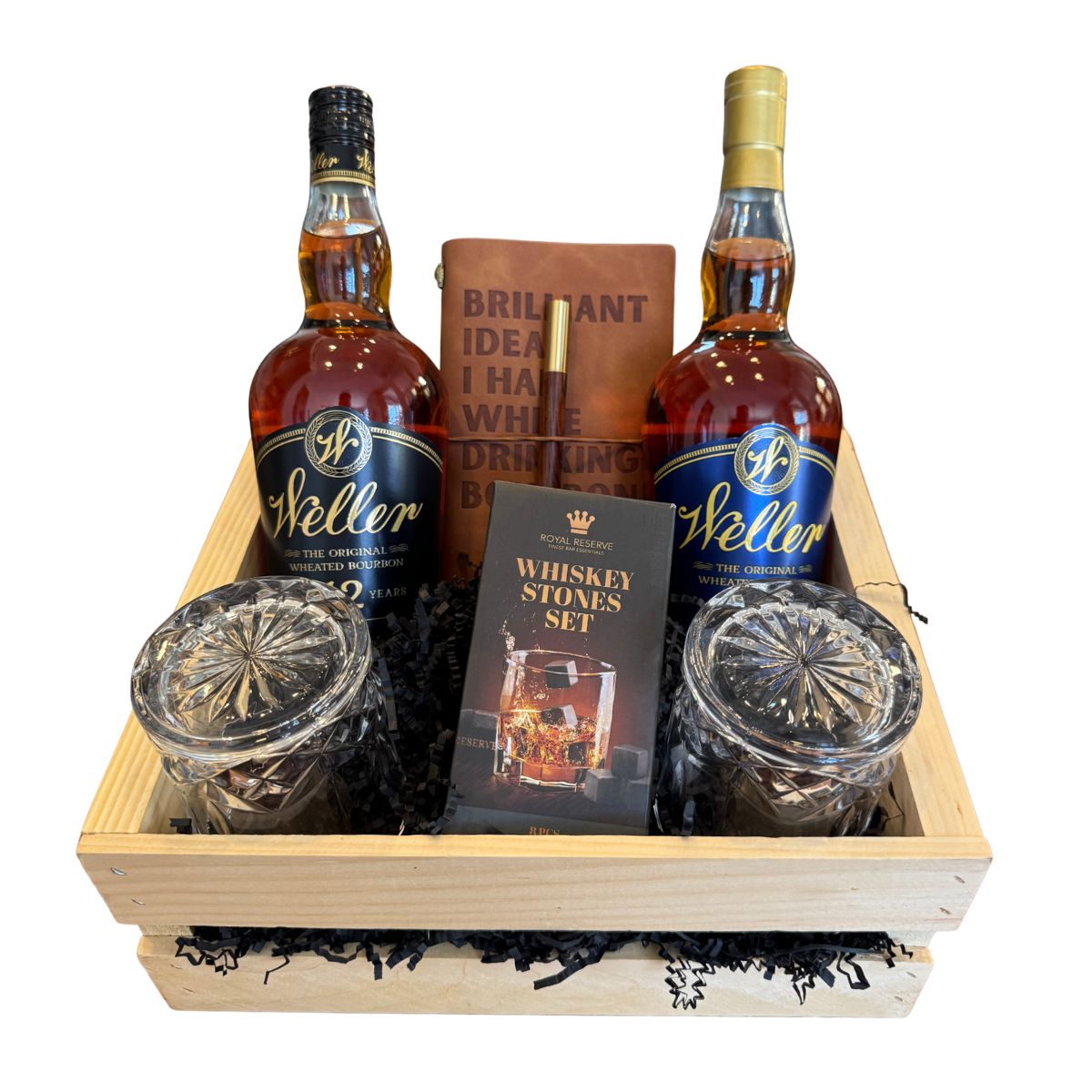 W.L. Weller 12 & Weller Full Proof Gift Crate – Bourbon, Old-Fashioned Glasses, Whiskey Stones & Leather Journal