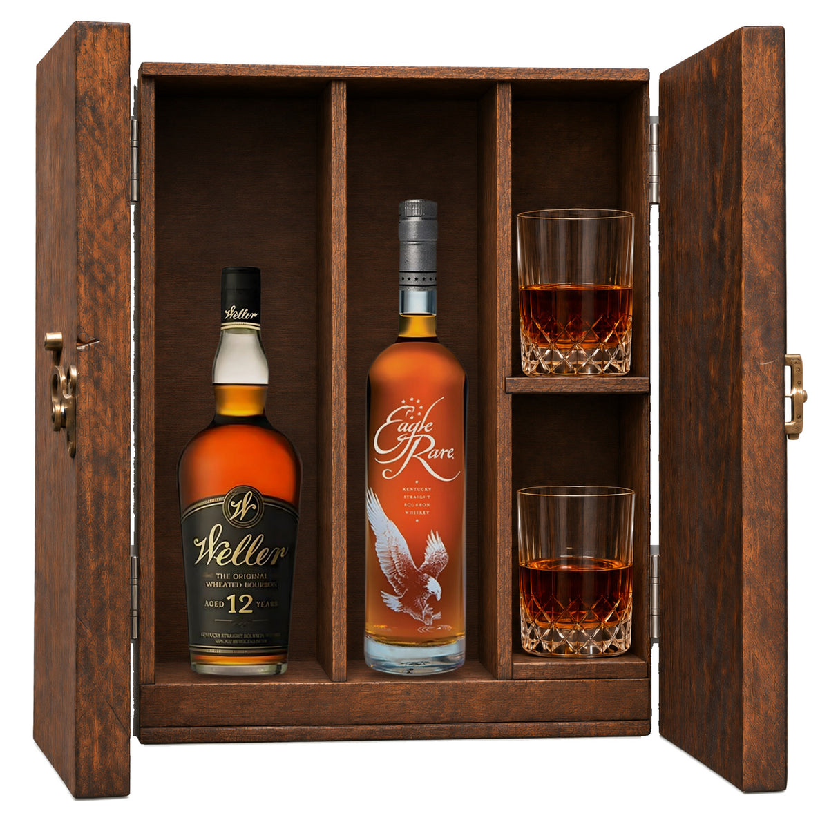 Weller 12 Year & Eagle Rare 10 Year in a wooden gift box with two crystal glasses on white