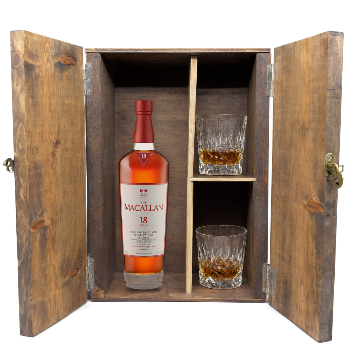 The Macallan 18 Year Sherry Oak in a wooden gift box with two crystal glasses on white