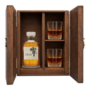 Hibiki Japanese Harmony in a fitted wooden gift box with two crystal old-fashioned glasses, studio white