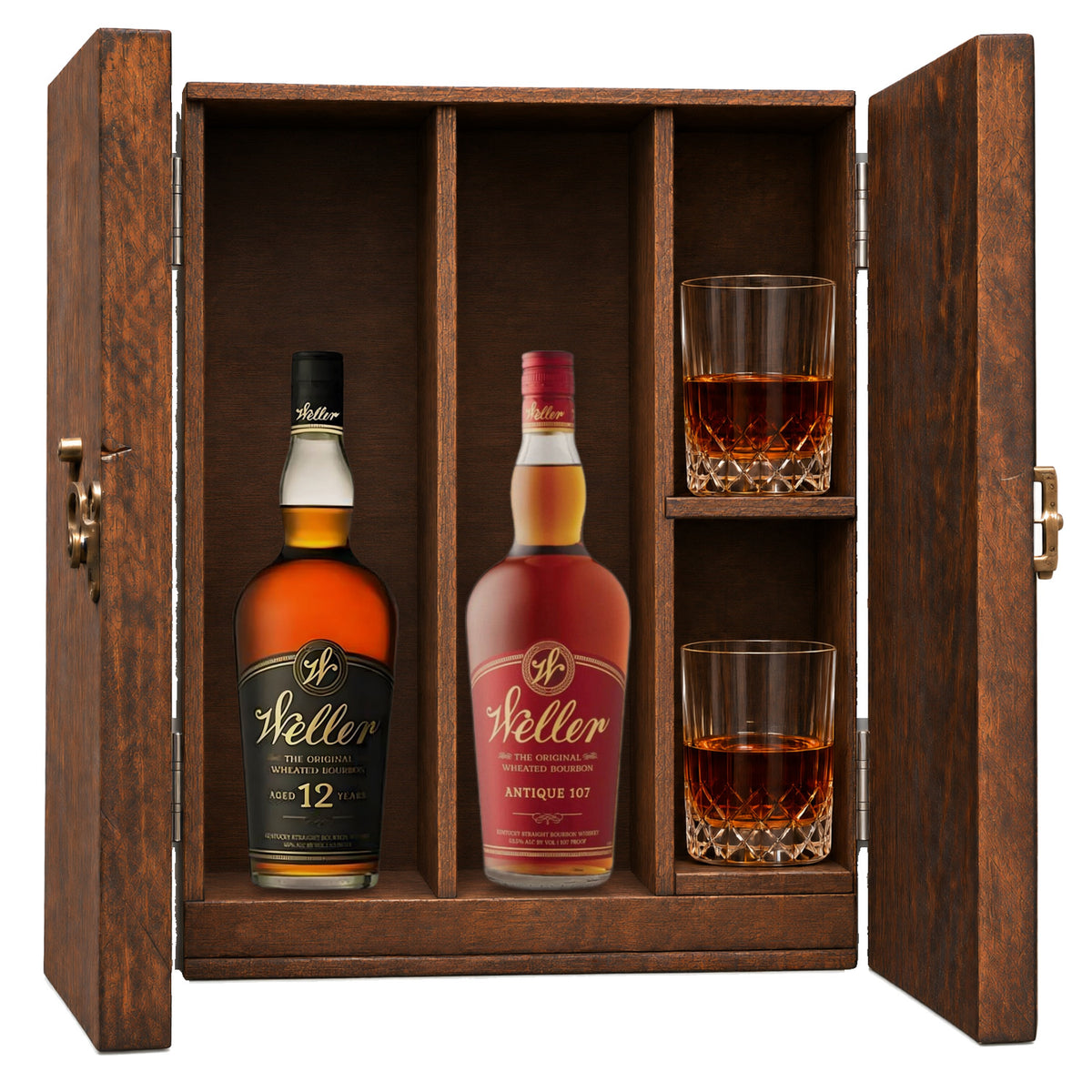 Weller 12 Year & W.L. Weller Antique 107 in a wooden gift box with two crystal glasses on white