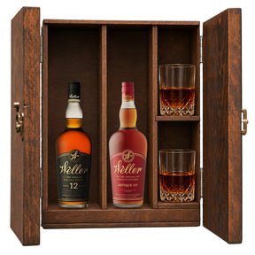 Weller 12 Year & W.L. Weller Antique 107 in a wooden gift box with two crystal glasses on white