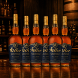 W.L. Weller Full Proof 114-proof wheated Kentucky straight bourbon — 6-bottle case, navy-and-gold labels, dark private-vault setting