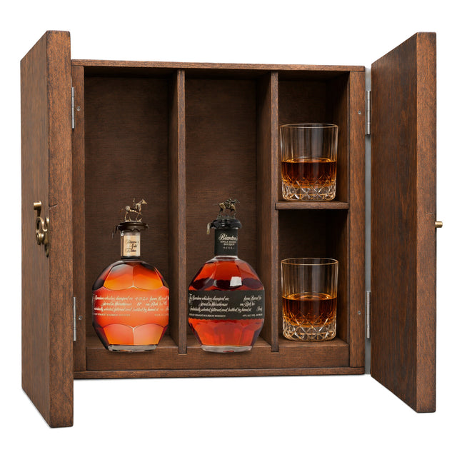 Blanton's Gold Edition & Blanton's Takara Black Edition in a wooden gift box with two crystal glasses on white