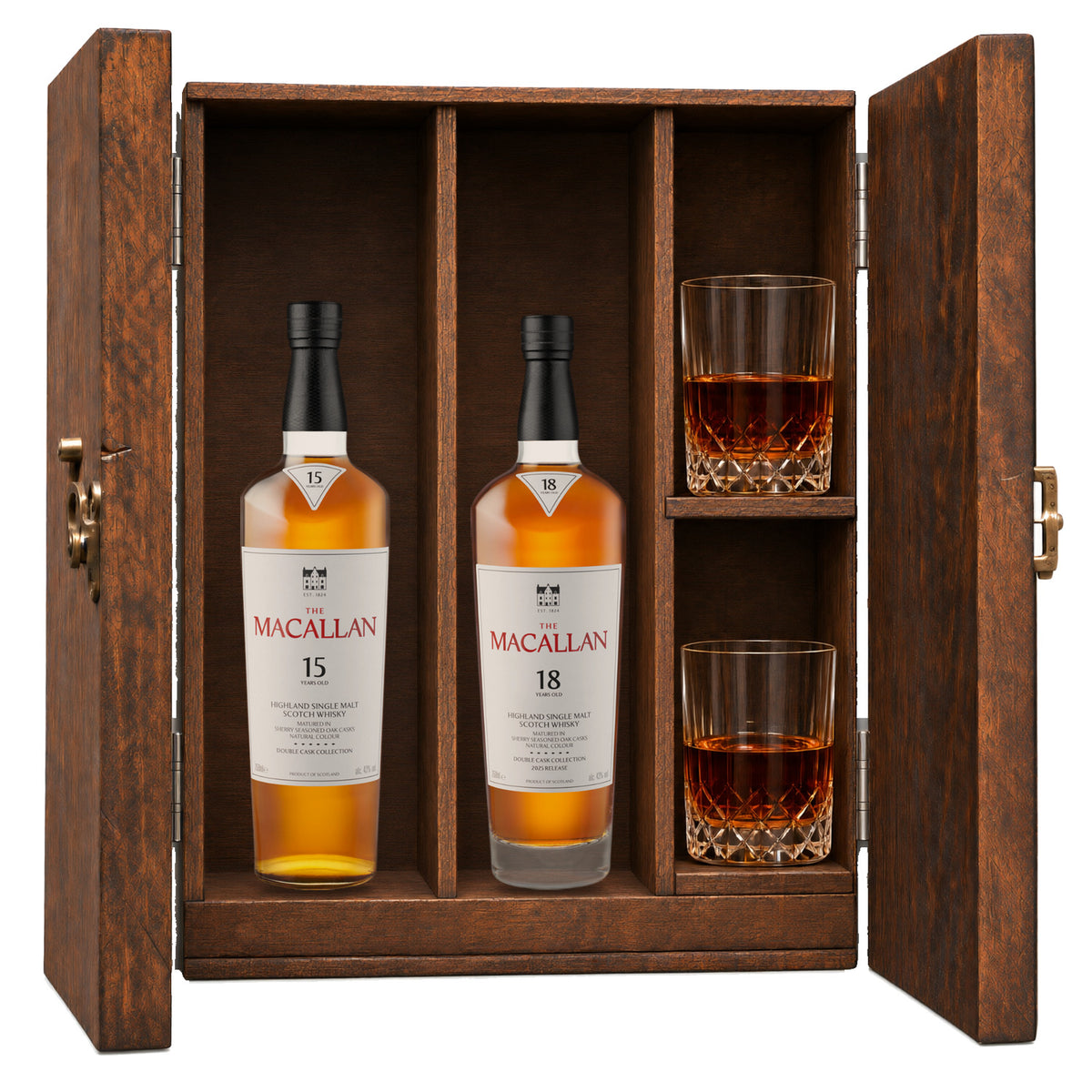 The Macallan 15 Year Double Cask & The Macallan 18 Year Double Cask wooden gift box with 2 glasses