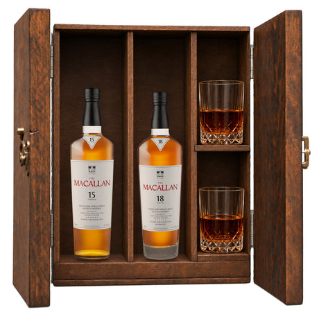 The Macallan 15 Year Double Cask & The Macallan 18 Year Double Cask wooden gift box with 2 glasses