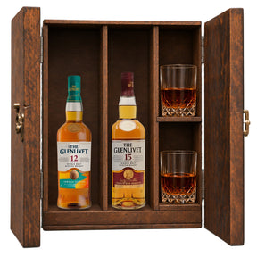 The Glenlivet 12 Year Jamaica Edition & The Glenlivet 15 Year French Oak Reserve wooden gift box with 2 glasses