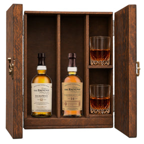The Balvenie 12 Year DoubleWood & The Balvenie 14 Year Caribbean Cask wooden gift box with 2 glasses