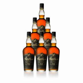 W.L. Weller 12 Year wheated bourbon — six-bottle case, black-and-gold labels, deep bronze 90-proof Kentucky straight bourbon