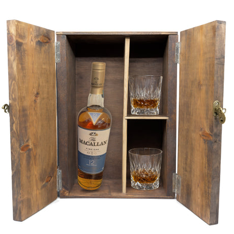 The Macallan Fine Oak 12 Year in a fitted wooden gift box with two crystal old-fashioned glasses, studio white