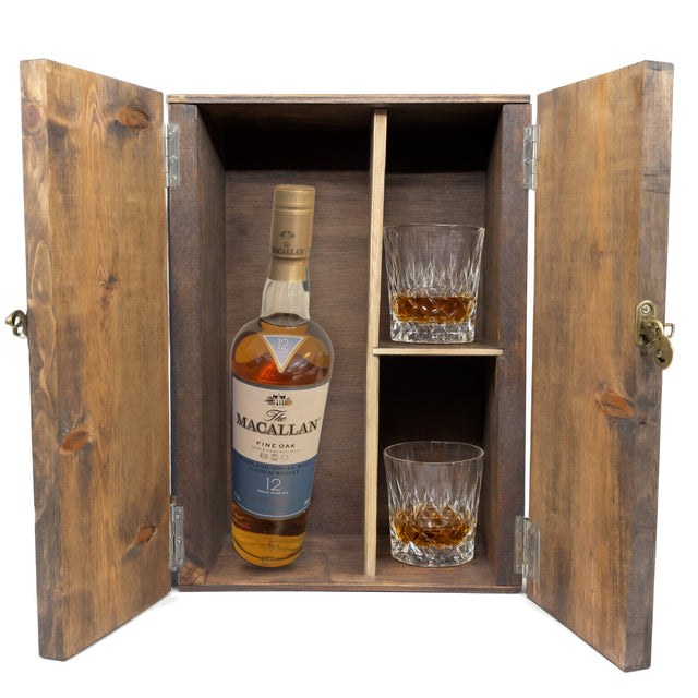 The Macallan Fine Oak 12 Year in a fitted wooden gift box with two crystal old-fashioned glasses, studio white
