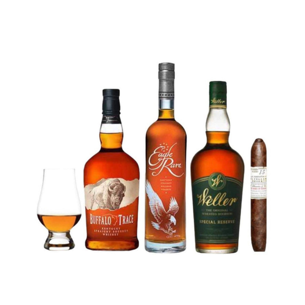 Drinker Combo – Weller, Eagle Rare, Buffalo Trace, Cigar & Glencairn Glass Gift Set