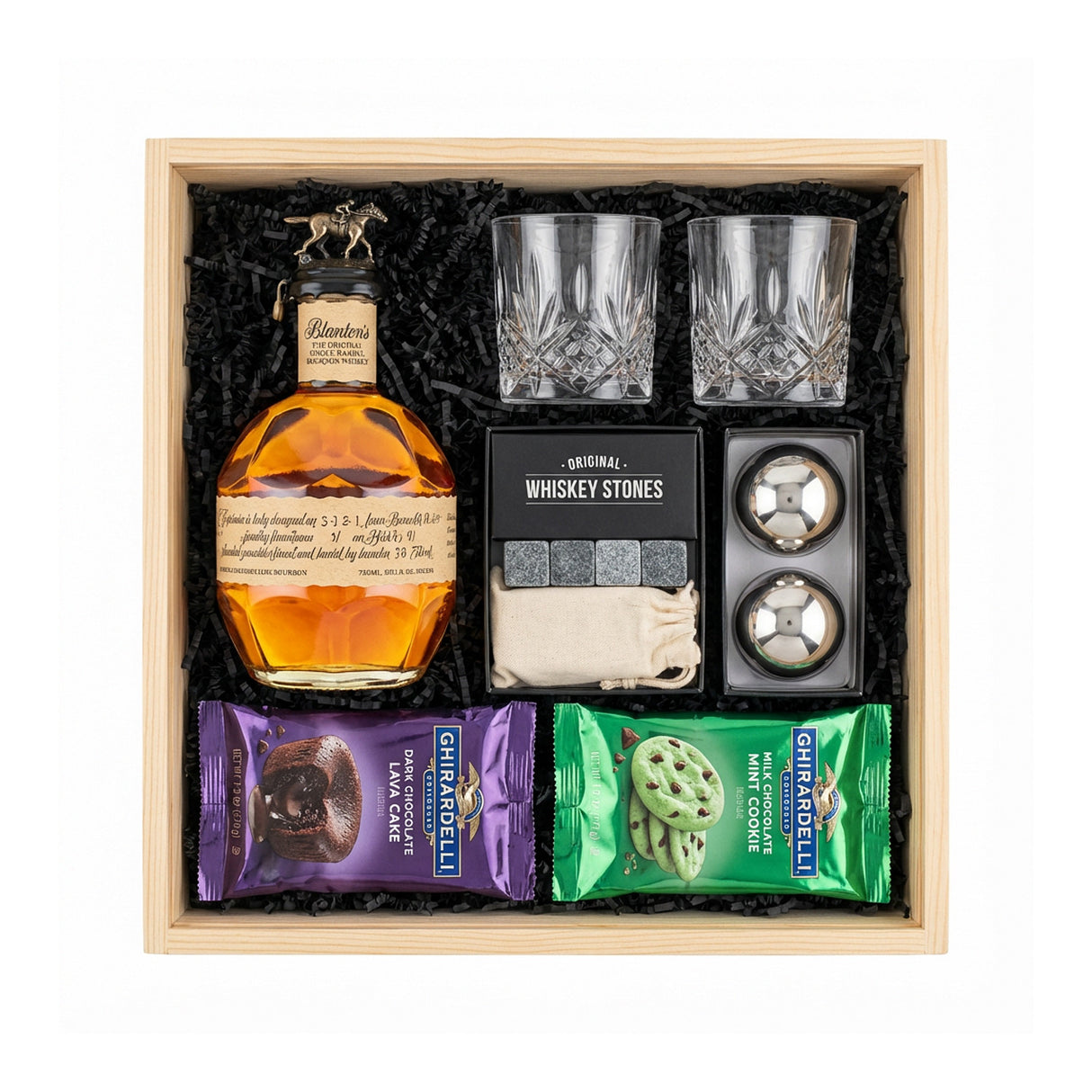 Blanton's Original Single Barrel Engravable Wooden Gift Crate – Bourbon, Old-Fashioned Glasses & Whiskey Stones