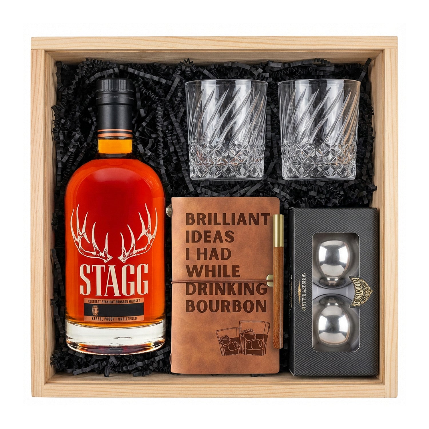Stagg Bourbon Connoisseur Gift Crate with Glasses, Journal & Whiskey Balls