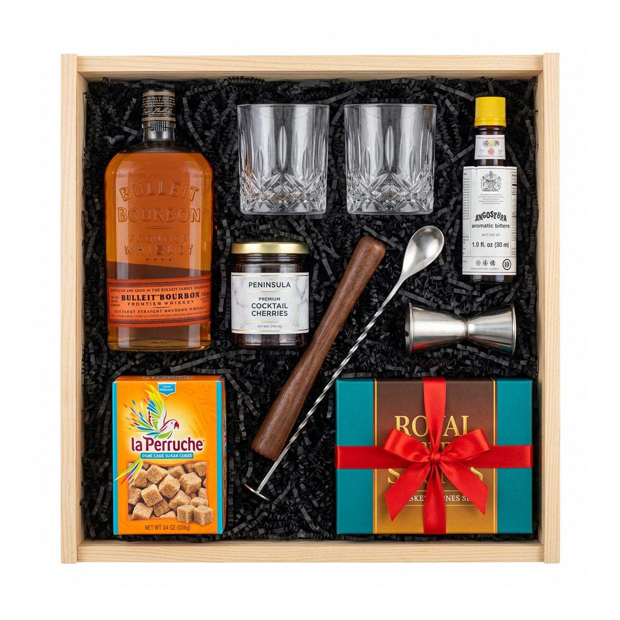 Bulleit Bourbon Old-Fashioned Wooden Gift Crate – Bourbon, Glasses, Bitters & Bar Tools