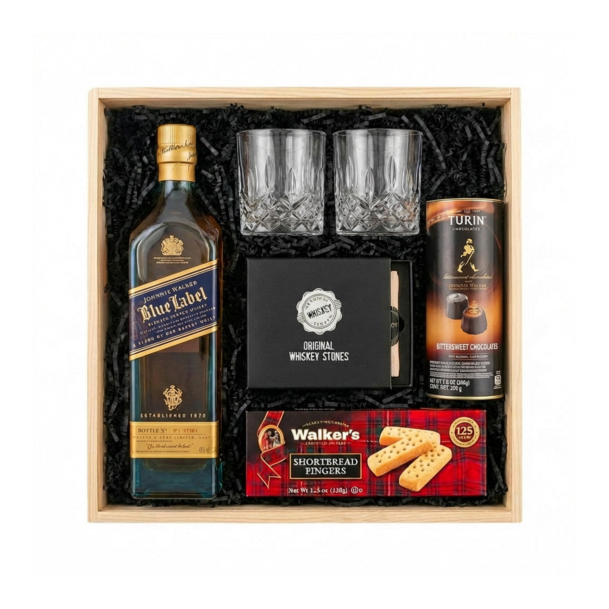 Johnnie Walker Blue Label Scotch Gift Crate – Whisky, Glasses, Whiskey Stones & Gourmet Treats