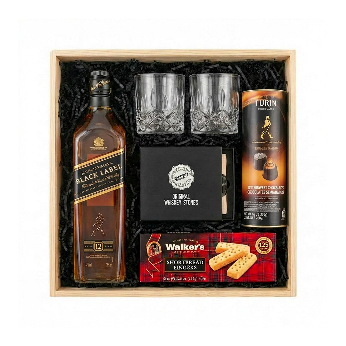 Johnnie Walker Black Label Scotch Gift Crate – Whisky, Glasses, Whiskey Stones & Gourmet Treats