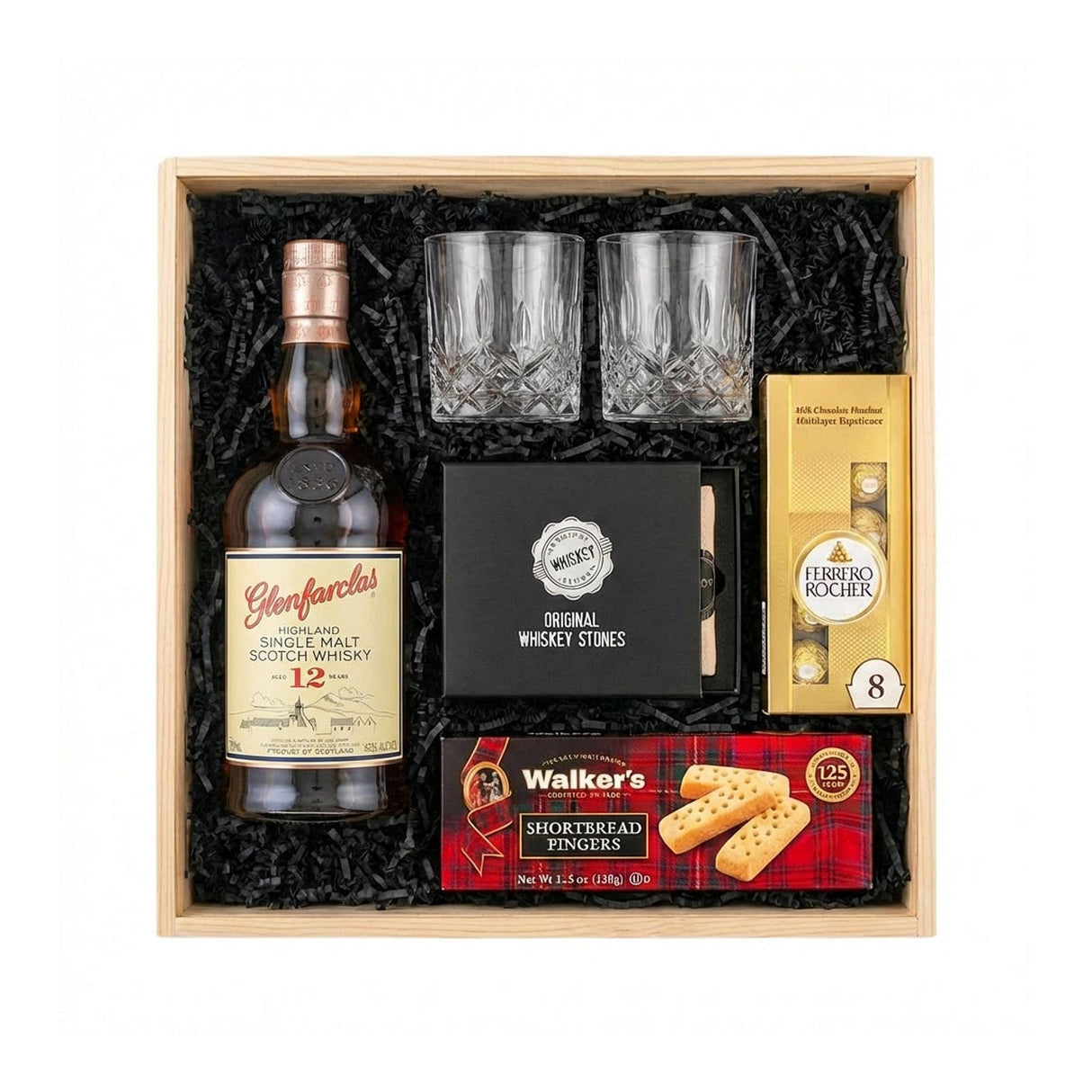Glenfarclas 12 Year Sherry Cask Scotch Gift Crate – Whisky, Glasses, Whiskey Stones & Gourmet Treats