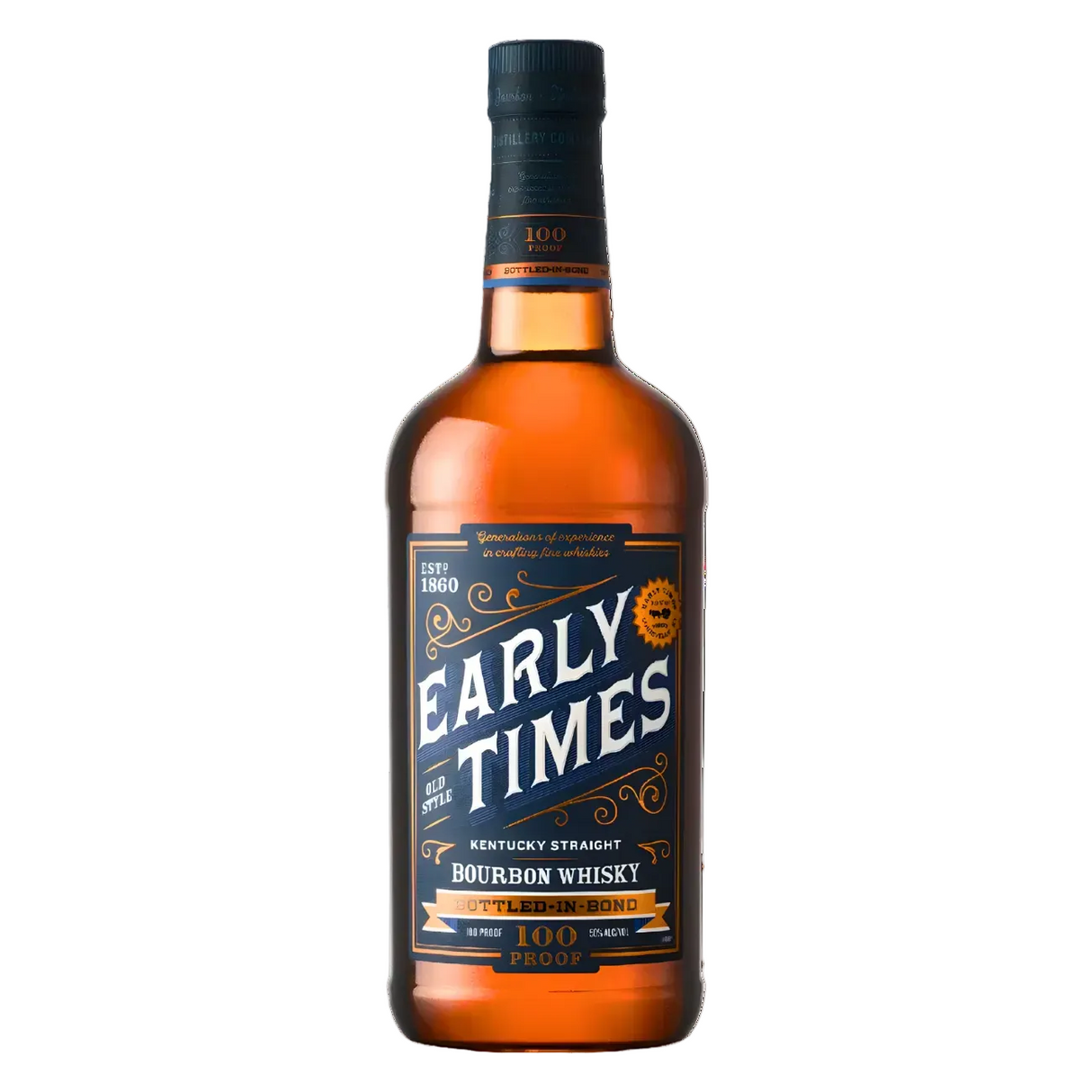 Early Times Bottled-in-Bond Kentucky Straight Bourbon Whisky 750ml bourbon bottle with rich amber glass, black screw cap with orange band, and navy blue label with bold white lettering and orange accents against a clean white background