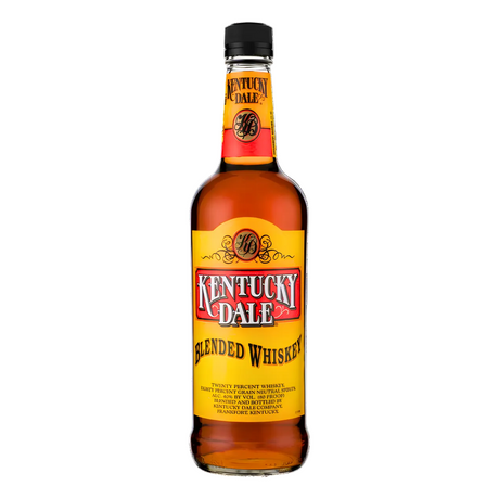 Kentucky Dale Blended Whiskey 750ml whiskey bottle with rich amber glass, black screw cap, and bright yellow and red label with bold black lettering against a clean white background