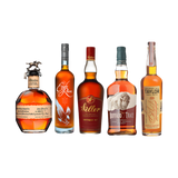 Five bottle premium bourbon bundle featuring Blanton's, Eagle Rare, Weller Antique 107, Buffalo Trace, and E.H. Taylor Small Batch on black background