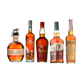 Five bottle premium bourbon bundle featuring Blanton's, Eagle Rare, Weller Antique 107, Buffalo Trace, and E.H. Taylor Small Batch on black background