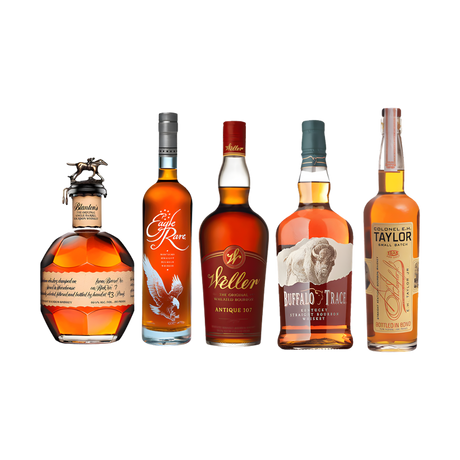 Five bottle premium bourbon bundle featuring Blanton's, Eagle Rare, Weller Antique 107, Buffalo Trace, and E.H. Taylor Small Batch on black background