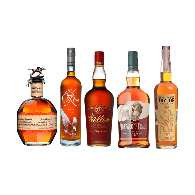 Five bottle premium bourbon bundle featuring Blanton's, Eagle Rare, Weller Antique 107, Buffalo Trace, and E.H. Taylor Small Batch on black background