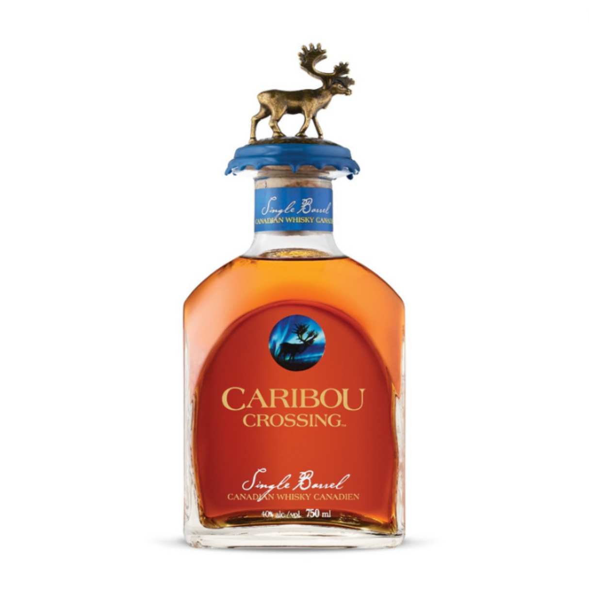 A bottle of Caribou Crossing Single Barrel Canadian Whiskey with a distinctive moose cap on the cork.