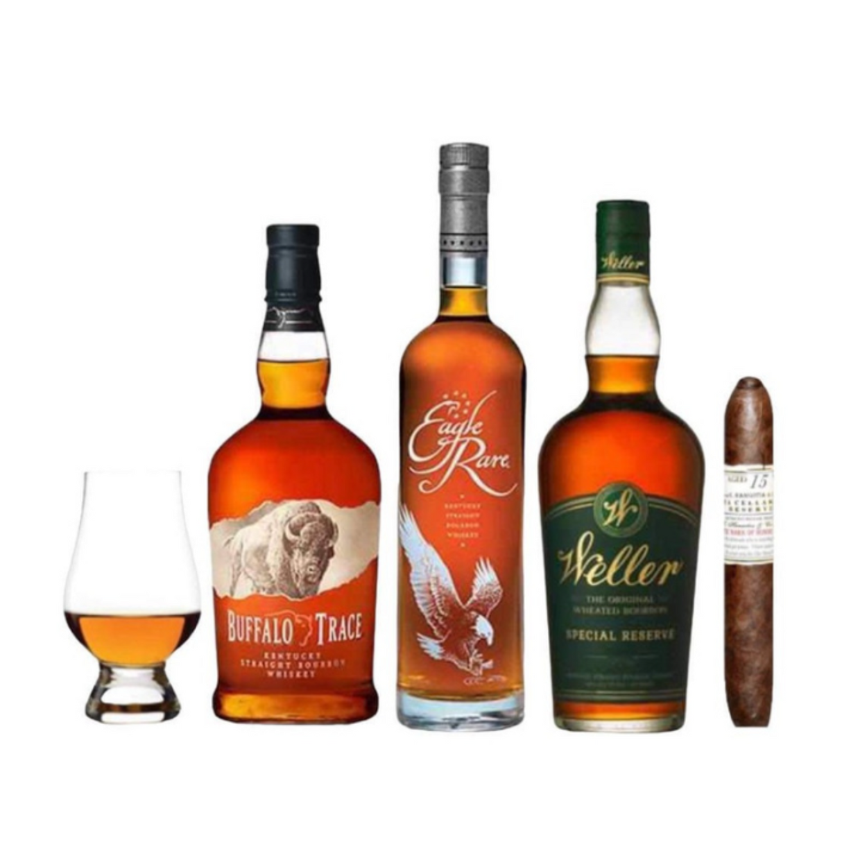 Drinker Combo – Weller, Eagle Rare, Buffalo Trace, Cigar & Glencairn Glass Gift Set
