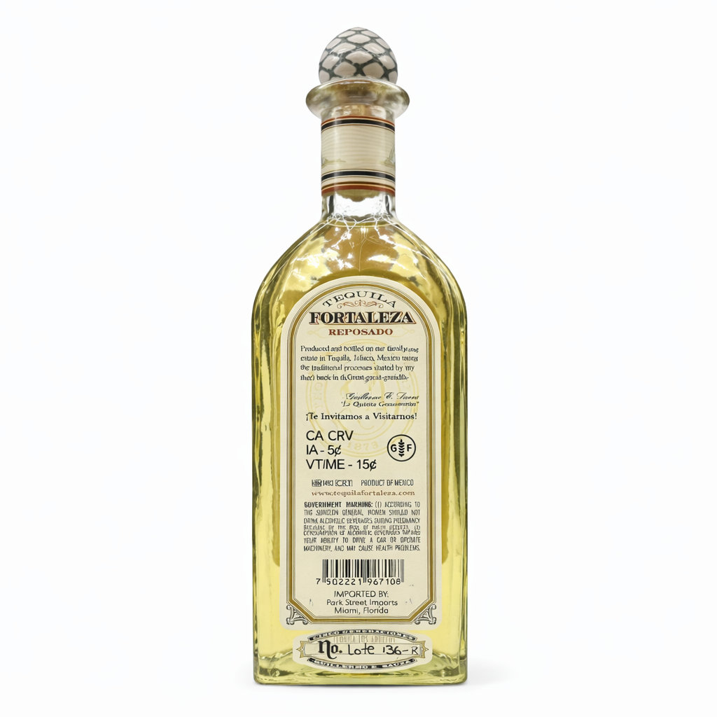 Fortaleza Winter Blend Reposado Tequila 2025 back bottle on white background