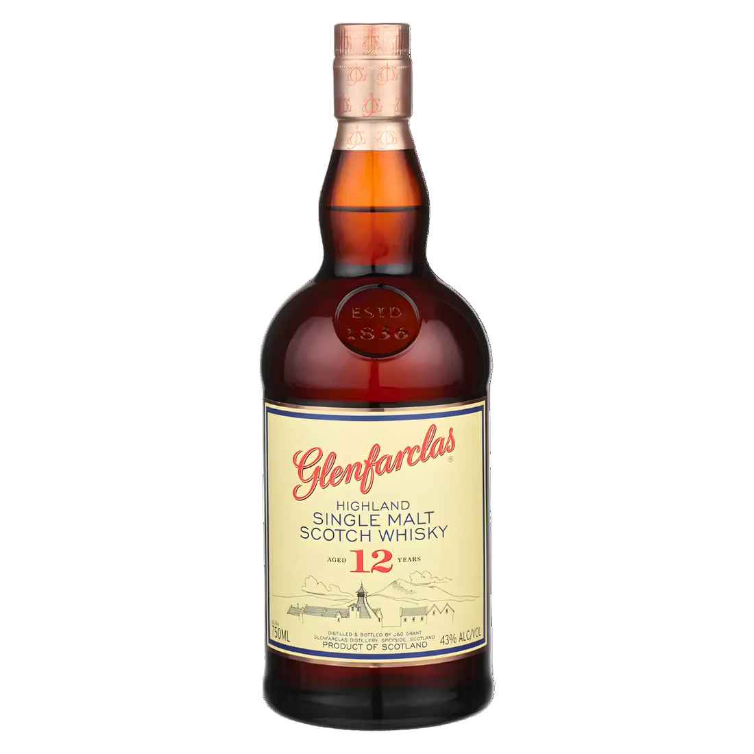 Glenfarclas 12 Year Highland Single Malt Scotch Whisky 750ml whisky bottle with deep amber glass, copper foil-wrapped cap, and cream label with red script lettering and detailed distillery illustration against a clean white background