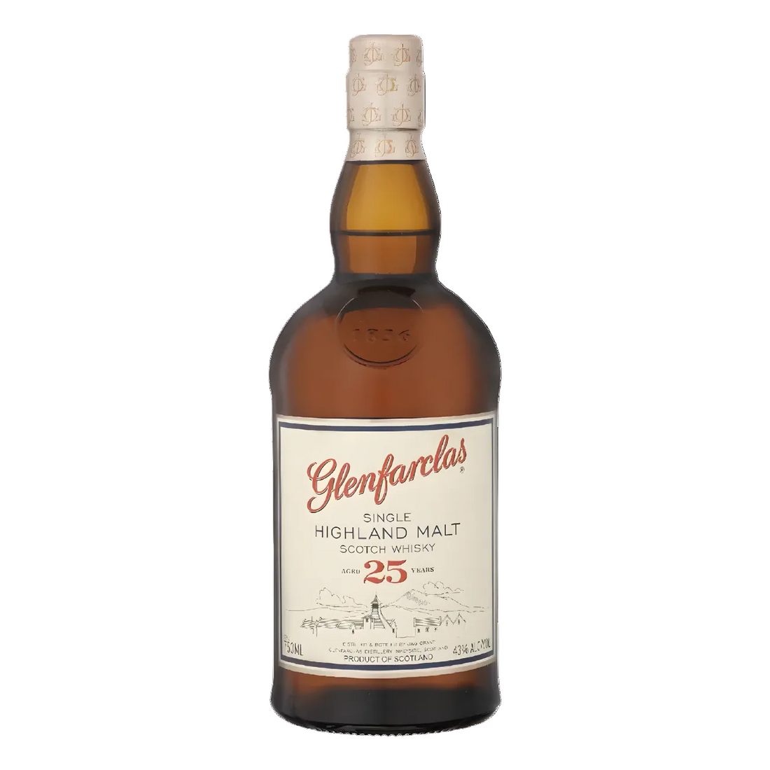 Glenfarclas 25 Year Highland Single Malt Scotch Whisky 750ml whisky bottle with deep amber glass, cream foil-wrapped cap with embossed detailing, and cream label with red script lettering and fine line distillery illustration against a clean white background