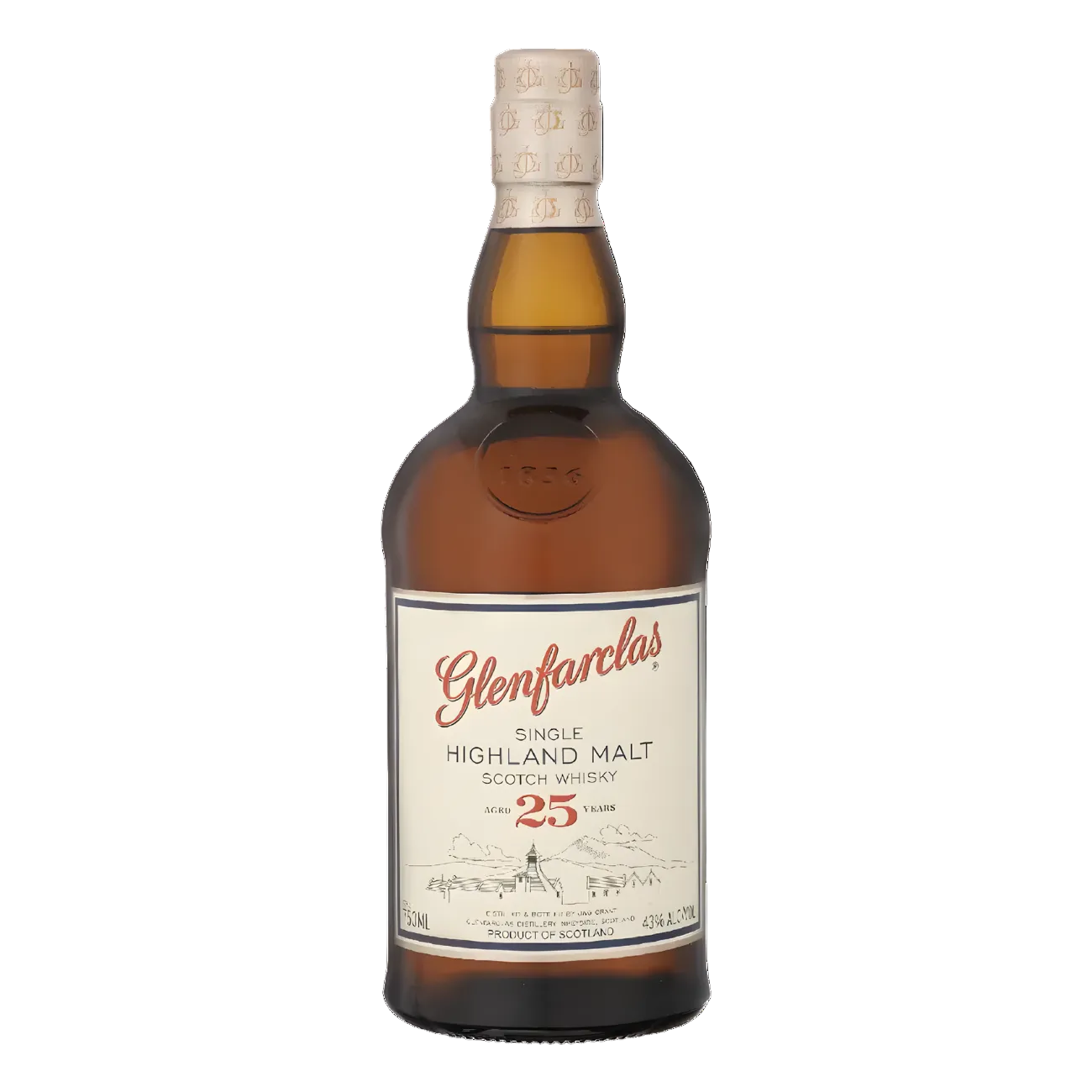 Glenfarclas 25 Year Highland Single Malt Scotch Whisky 750ml whisky bottle with deep amber glass, cream foil-wrapped cap with embossed detailing, and cream label with red script lettering and fine line distillery illustration against a clean white background