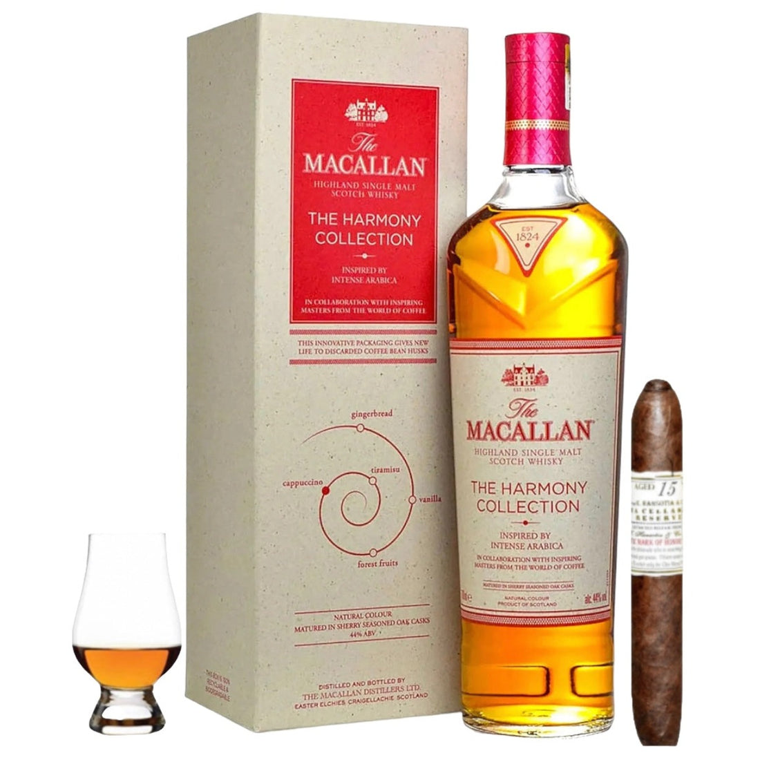 The Macallan Harmony Collection Intense Arabica Gift Set with Cigar & Glencairn Glass – 750ml