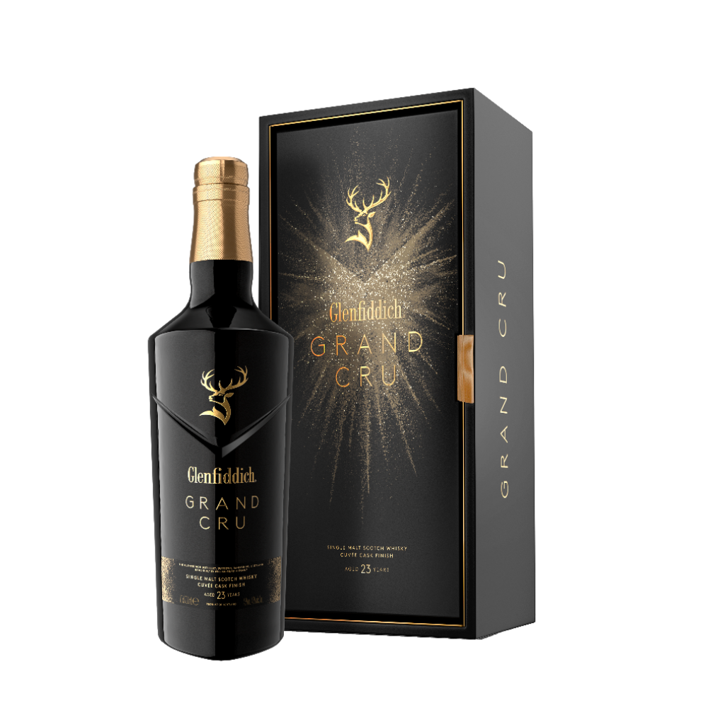 Glenfiddich Grand Cru 23 Year Old bottle with black and gold presentation box on black background