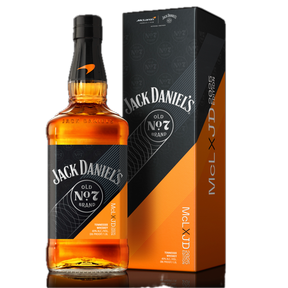 Jack Daniel’s x McLaren Tennessee Whiskey 2025 Edition bottle with collector box on black background