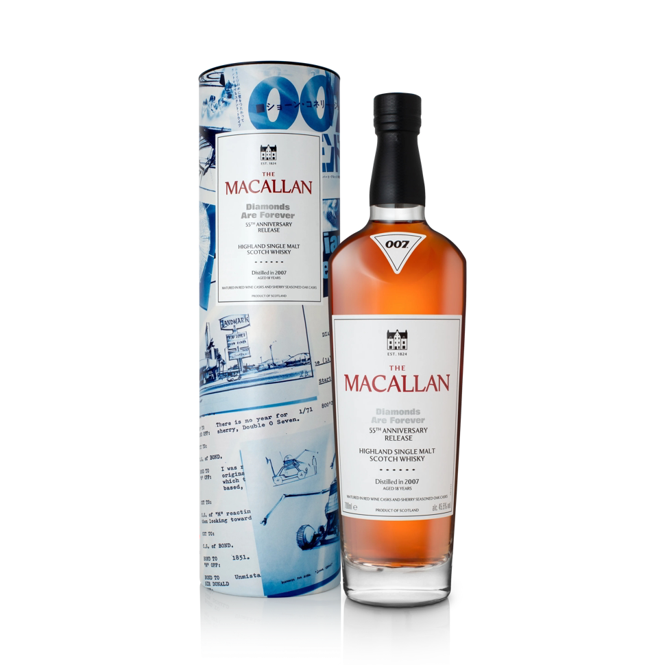 The Macallan Diamonds Are Forever 18 Year Old James Bond Scotch bottle on white background