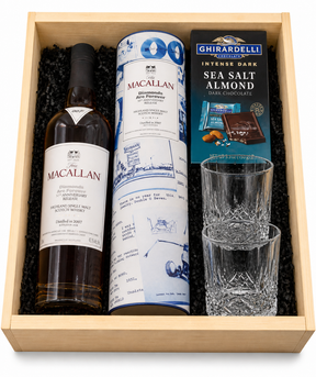 Macallan Diamonds Are Forever 18 Year Scotch gift set with presentation tube rocks glasses and Ghirardelli chocolate