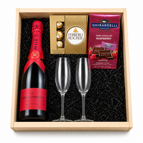 Moet & Chandon Special Edition Brut Imperial Champagne gift set with flutes Ferrero Rocher and Ghirardelli chocolate
