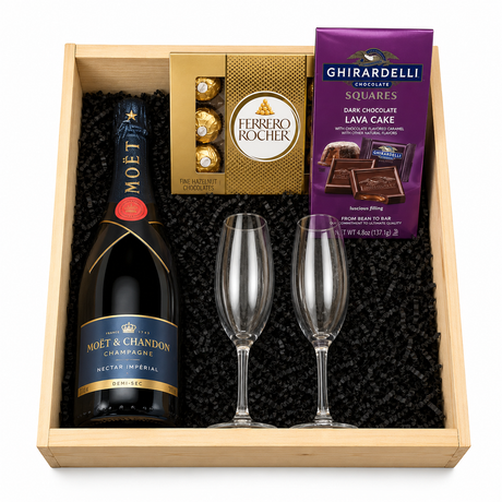 Moët and Chandon Nectar Impérial Champagne gift set with flutes Ferrero Rocher and Ghirardelli Lava Cake