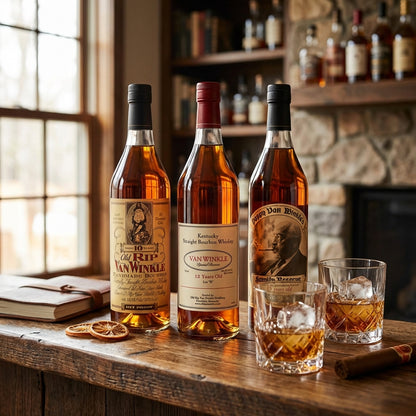 Three bottles of Van Winkle whiskey on a wooden surface with glasses filled with the drink.