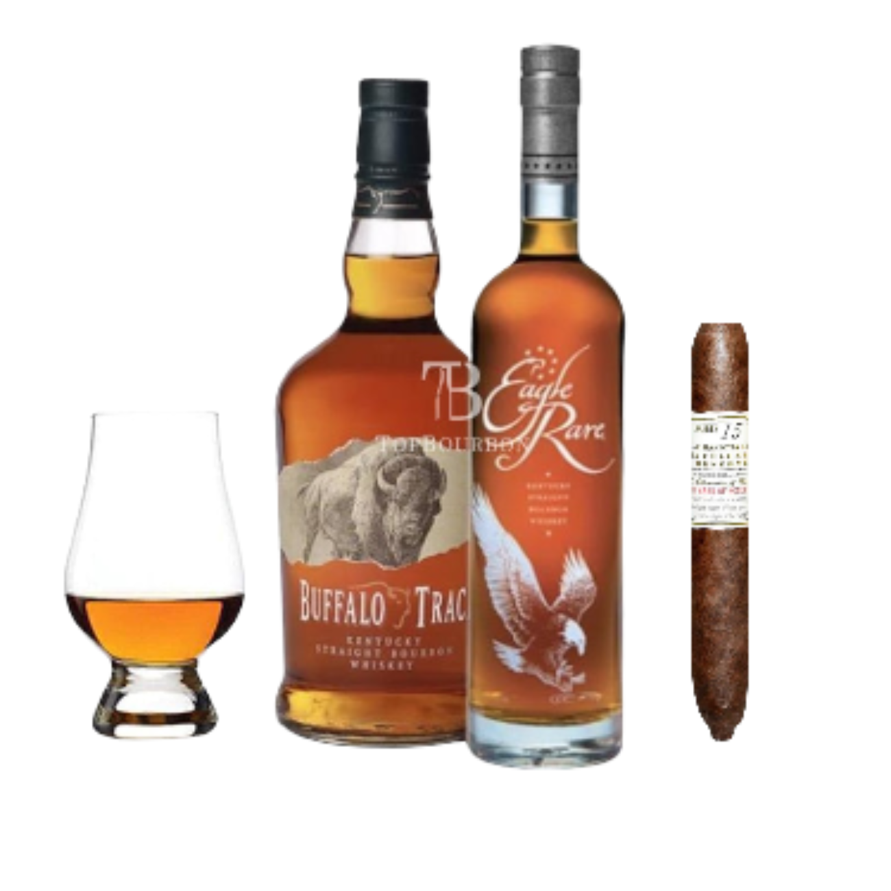 Eagle Rare &amp; Buffalo Trace Bourbon Gift Set – 2 Bottles + Glass &amp; Cigar – 750ml