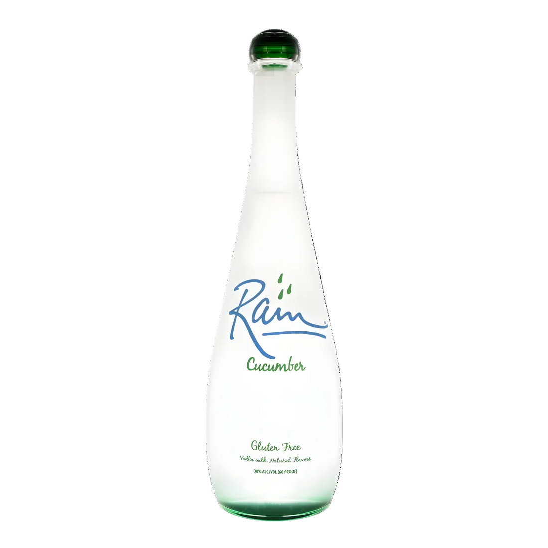 Rain Cucumber Vodka 750ml vodka bottle with frosted clear glass and green base tint, rounded green glass cap, and minimalist white label with blue and green lettering against a clean white background
